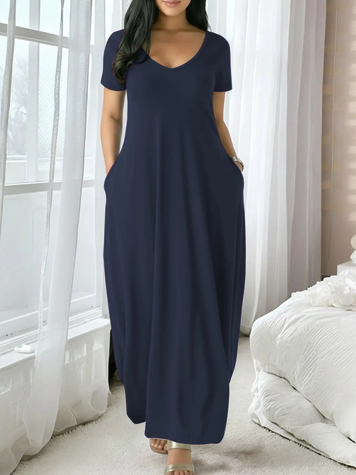 Women'S Long Coffee Color Dress, Casual Fitted Style, Large round Neck Short Sleeve Pocket Loungewear Sleepwear, Soft Fabric All Seasons Wear Soft Nightwear, Nightdress Sleepwear