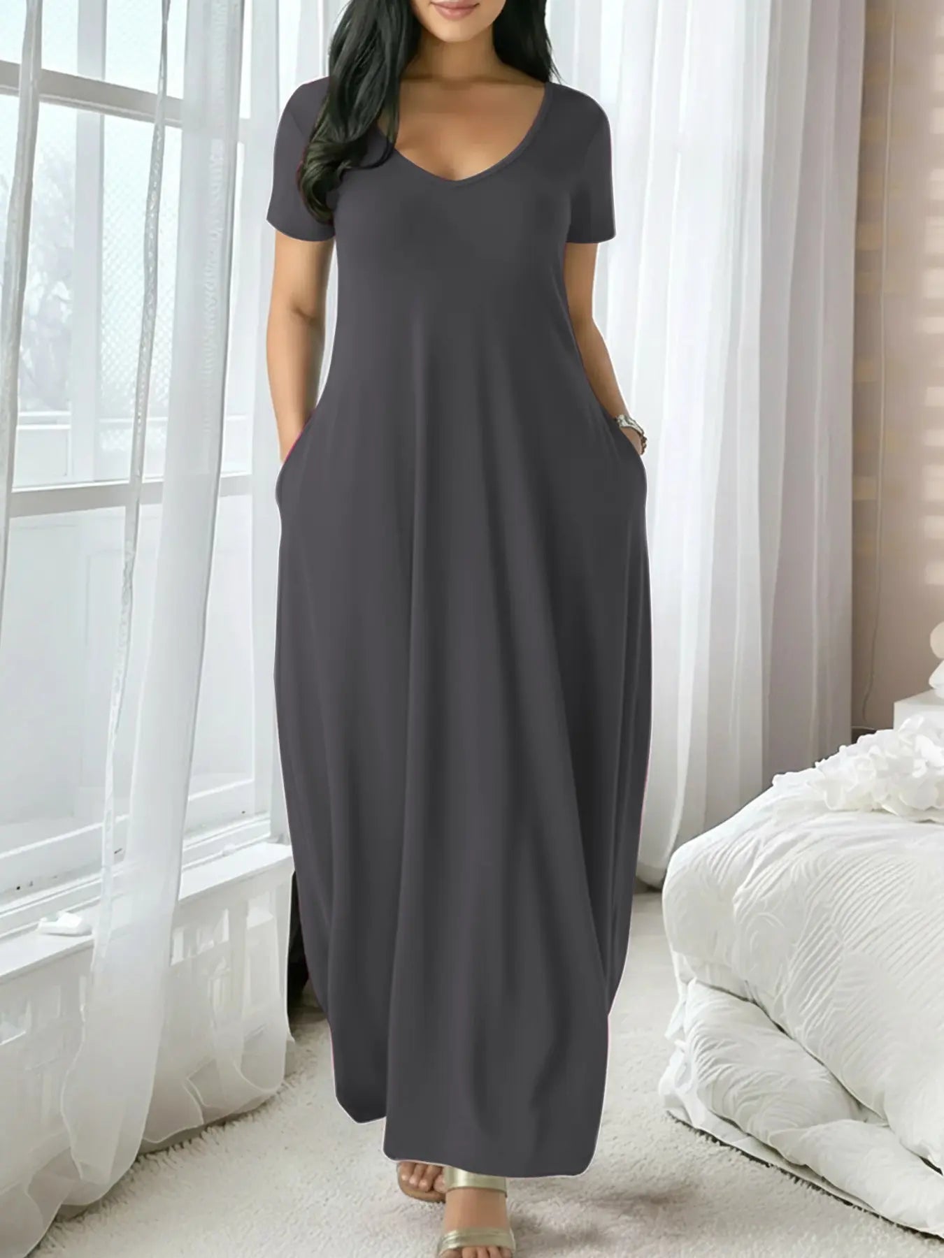 Women'S Long Coffee Color Dress, Casual Fitted Style, Large round Neck Short Sleeve Pocket Loungewear Sleepwear, Soft Fabric All Seasons Wear Soft Nightwear, Nightdress Sleepwear