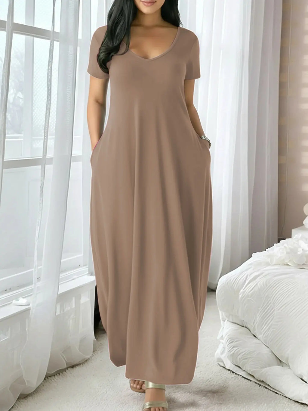 Women'S Long Coffee Color Dress, Casual Fitted Style, Large round Neck Short Sleeve Pocket Loungewear Sleepwear, Soft Fabric All Seasons Wear Soft Nightwear, Nightdress Sleepwear