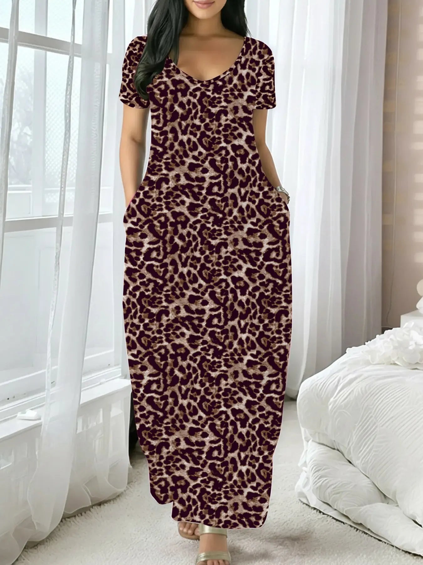 Women'S Long Coffee Color Dress, Casual Fitted Style, Large round Neck Short Sleeve Pocket Loungewear Sleepwear, Soft Fabric All Seasons Wear Soft Nightwear, Nightdress Sleepwear
