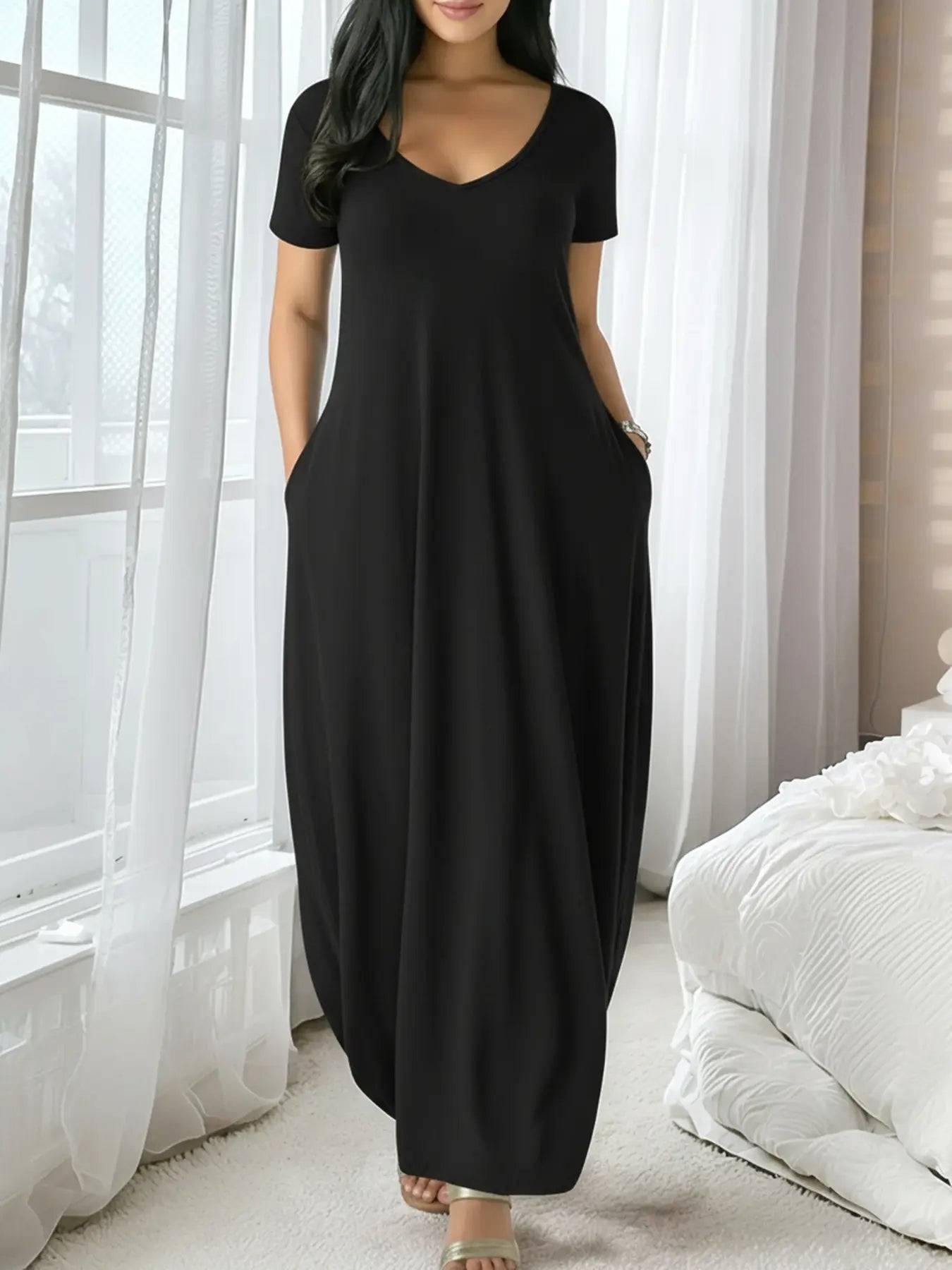 Women'S Long Coffee Color Dress, Casual Fitted Style, Large round Neck Short Sleeve Pocket Loungewear Sleepwear, Soft Fabric All Seasons Wear Soft Nightwear, Nightdress Sleepwear