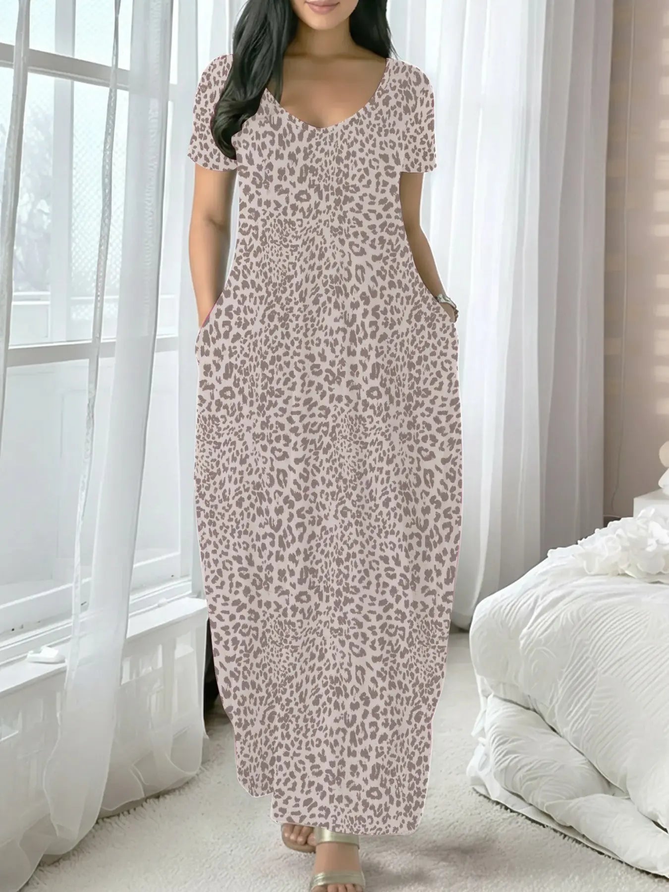 Women'S Long Coffee Color Dress, Casual Fitted Style, Large round Neck Short Sleeve Pocket Loungewear Sleepwear, Soft Fabric All Seasons Wear Soft Nightwear, Nightdress Sleepwear