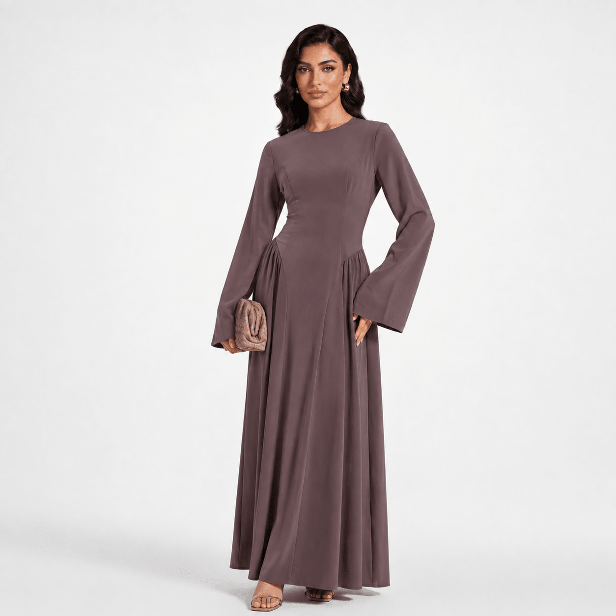 Nida Flared Maxi Dress with Pleated A-Line Skirt & Wide Bell Sleeves(MS435)